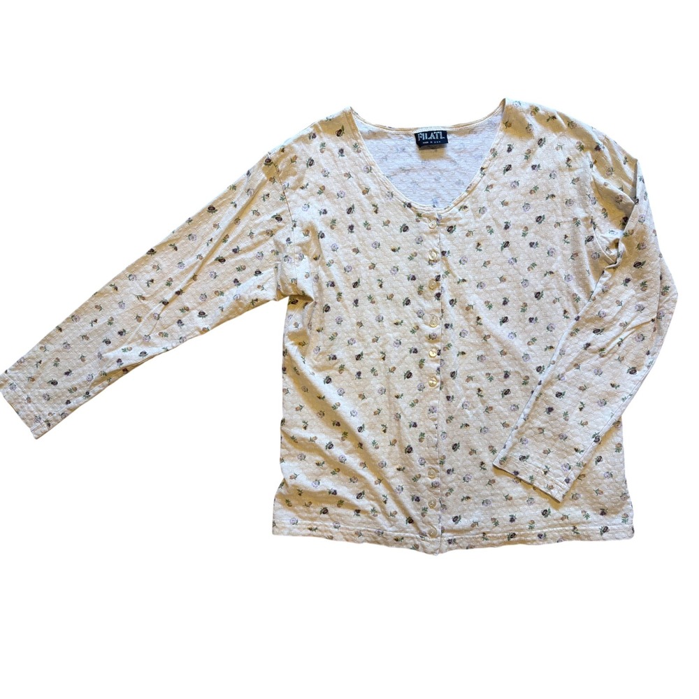VTG Cottagecore Grandmacore Filati Floral Pointelle Knit Button Front Top FLAW